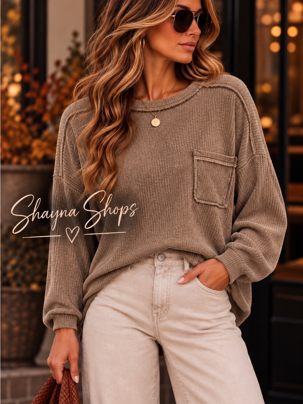 Zenana Mocha Hacci Ribbed Oversized Top Exposed Seam Pocket CC07